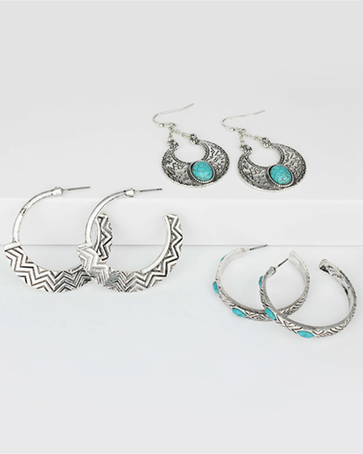 Prime Time Jewelry Women's 3-piece Silver & Turquoise Hoop And Dangle Earrings Set 3 Prime Time Jewelry Women's 3-piece Silver & Turquoise Hoop And Dangle Earrings Set